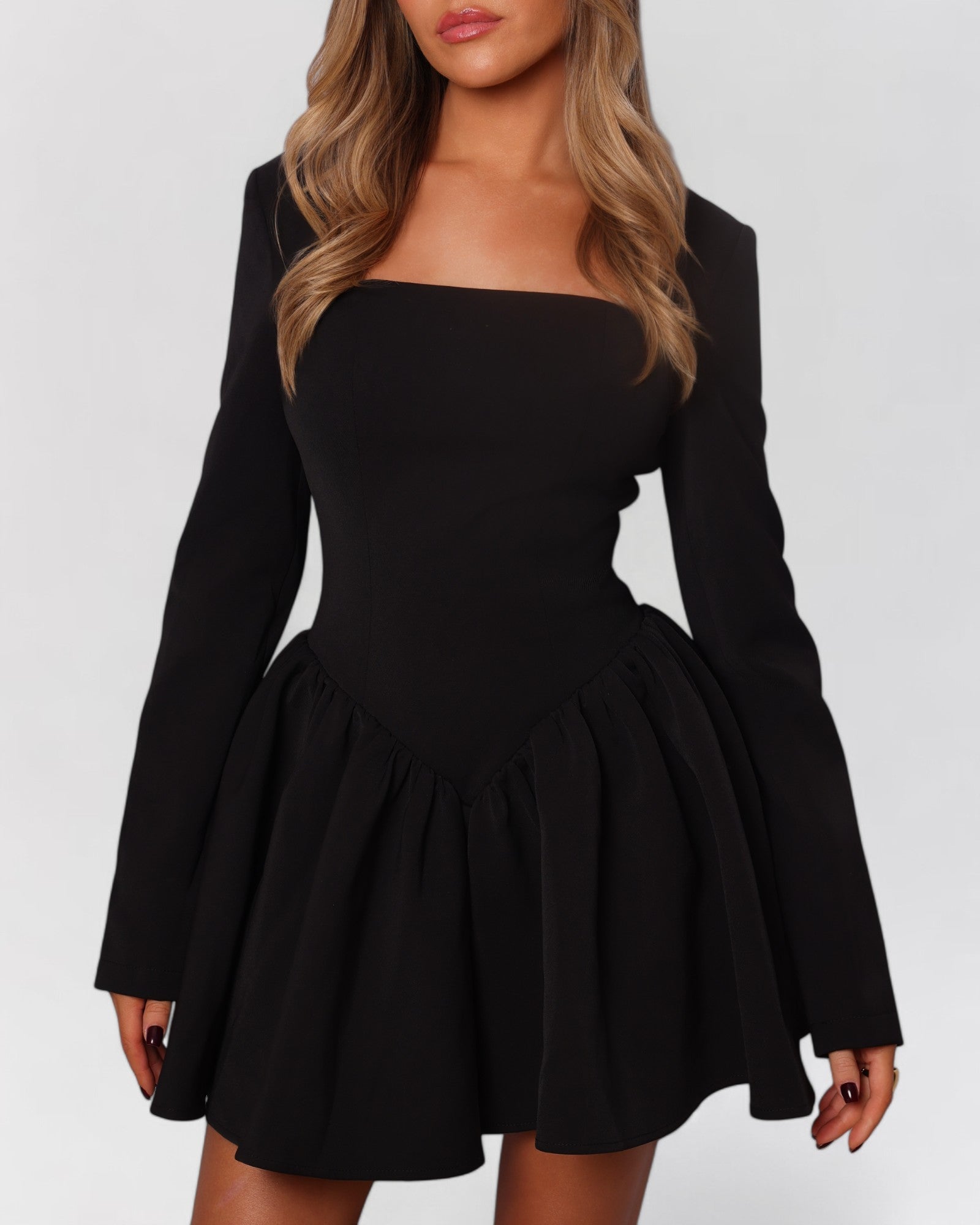 Black long sleeve contour a-line mini dress