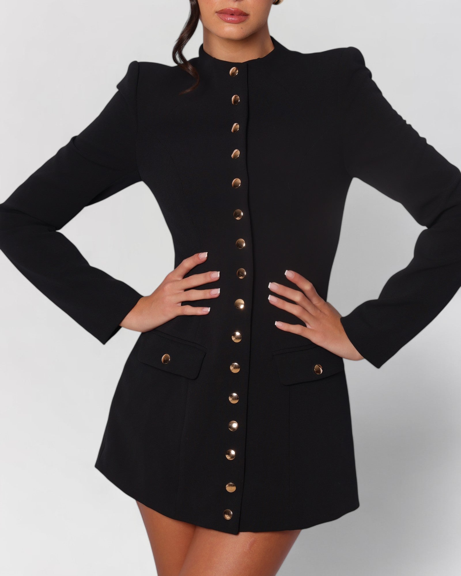 Black long sleeve gold button down blazer mini dress