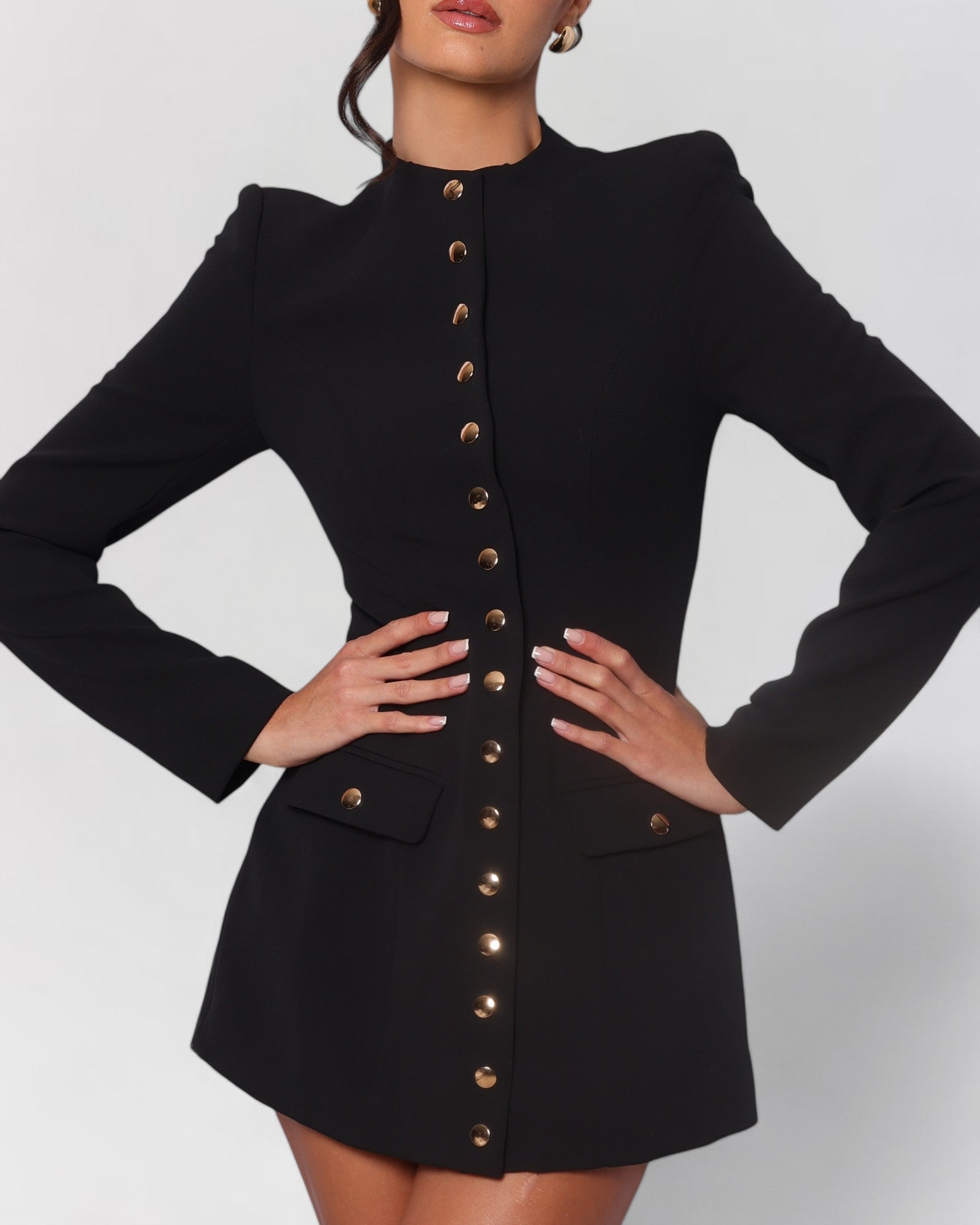 Black long sleeve gold button down blazer mini dress