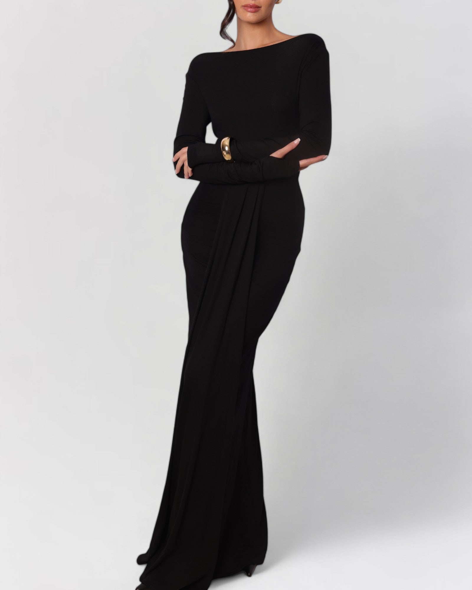 Black long sleeve twisted knit maxi dress