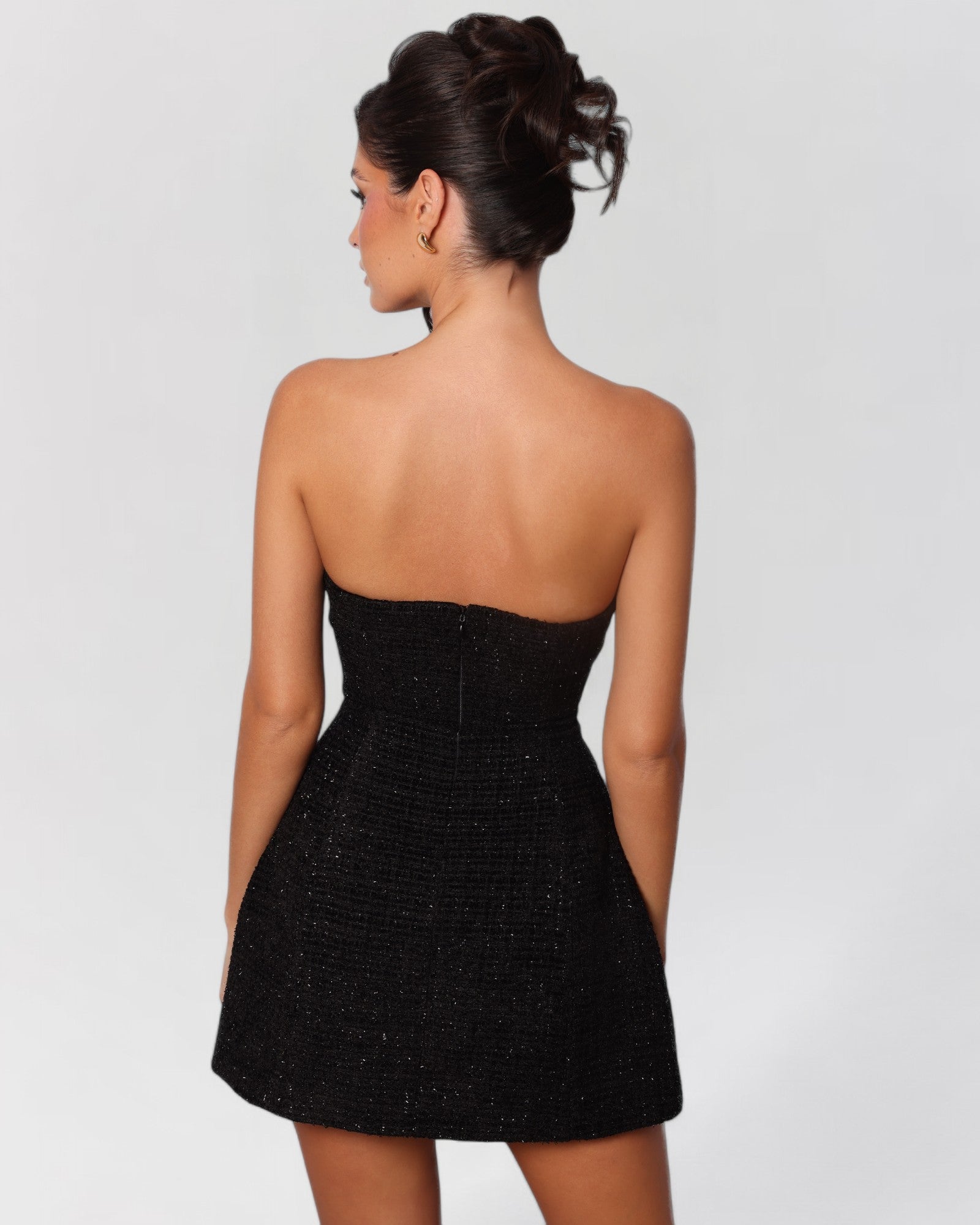 Black metallic tweed a-line pocket mini dress