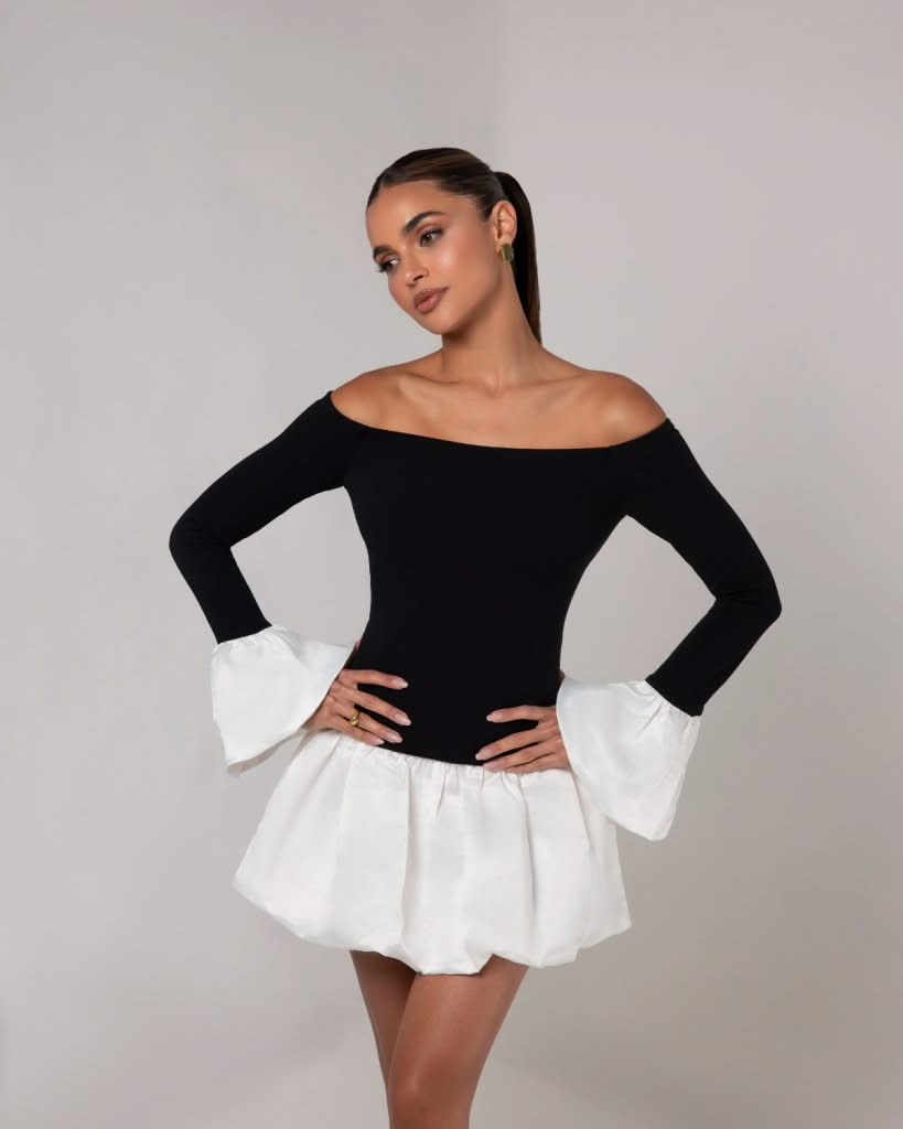 Black off the shoulder white puff sleeve mini dress