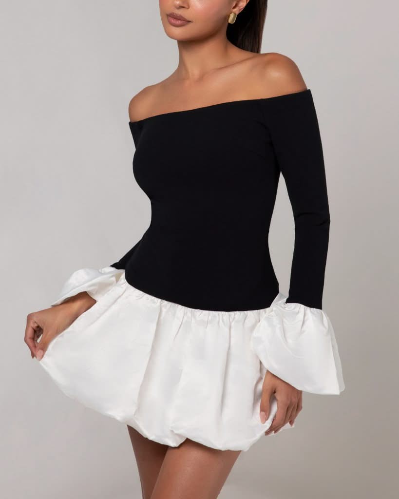 Black off the shoulder white puff sleeve mini dress