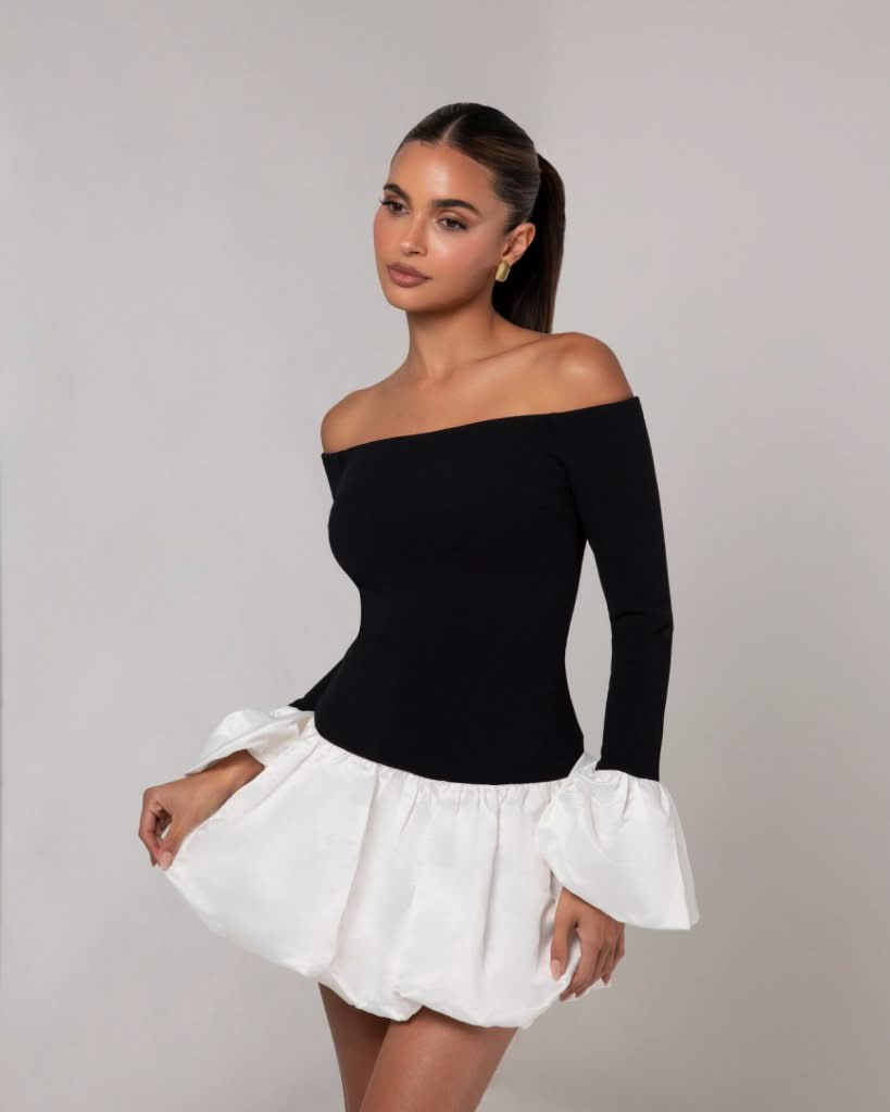 Black off the shoulder white puff sleeve mini dress