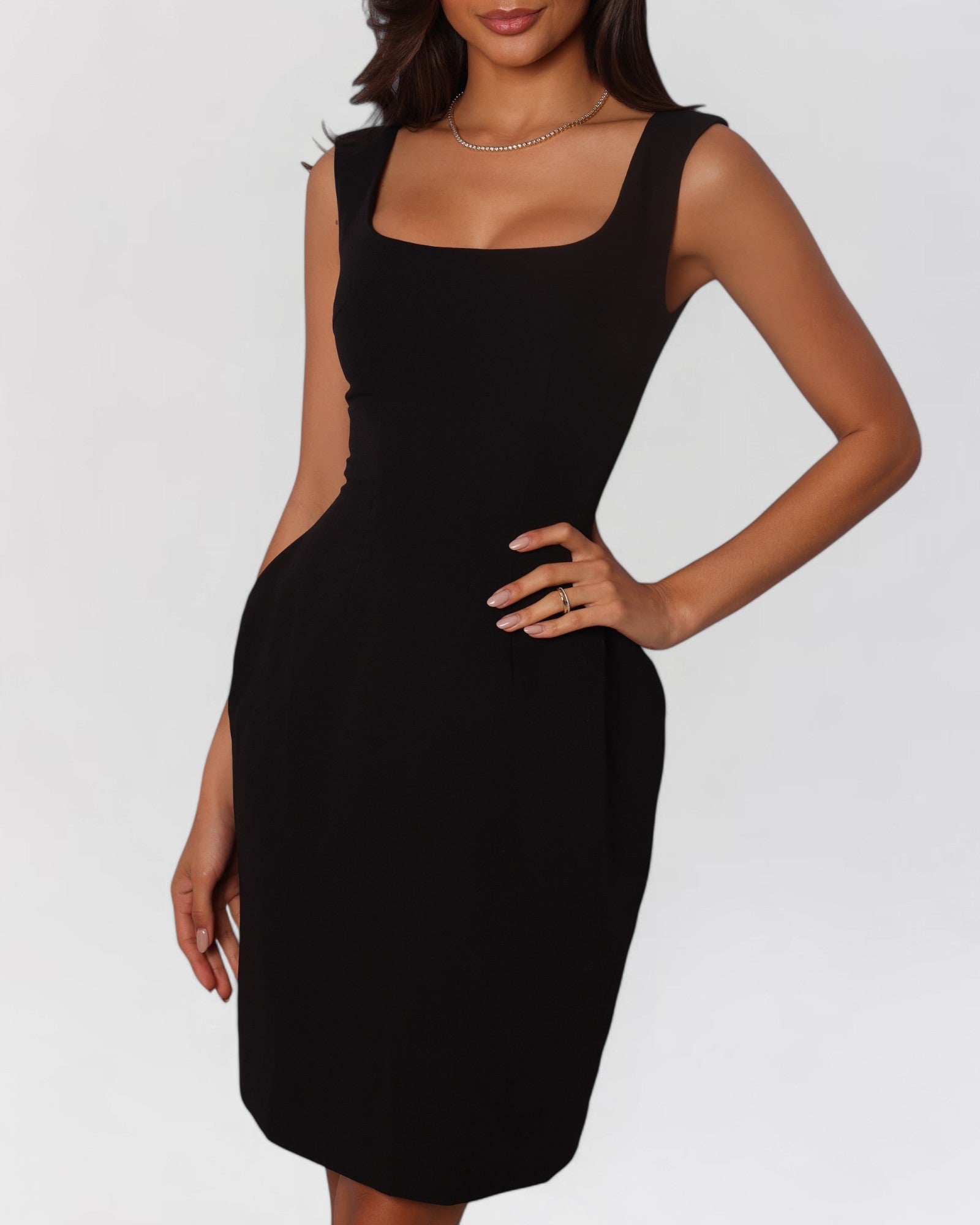 Black scoop neck a-line midi dress
