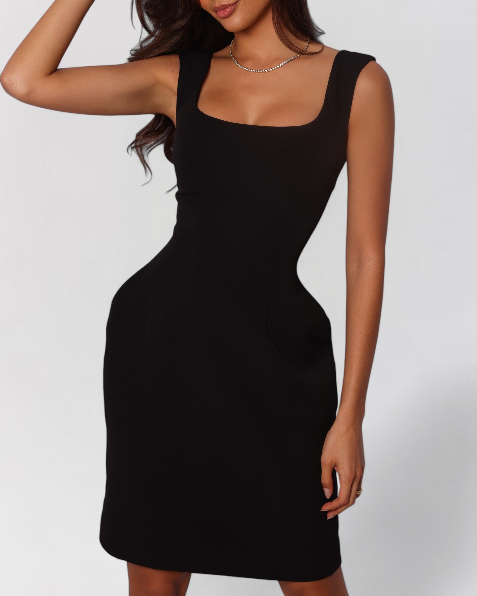 Black scoop neck a-line midi dress
