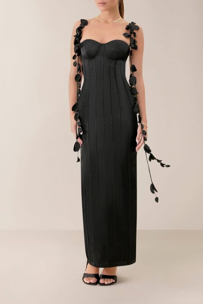 Black silk petal maxi dress