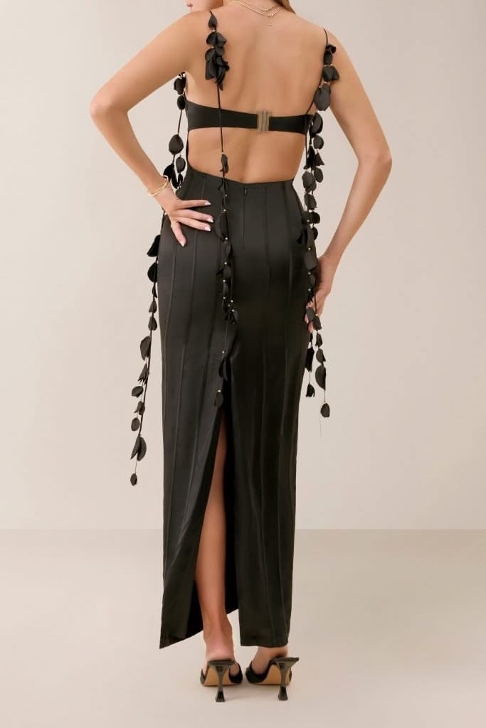 Black silk petal maxi dress