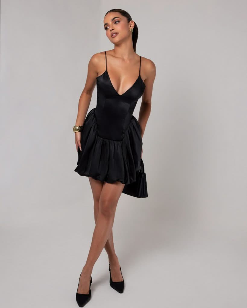 Black silk v neck balloon mini dress