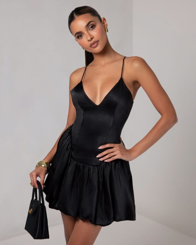 Black silk v neck balloon mini dress