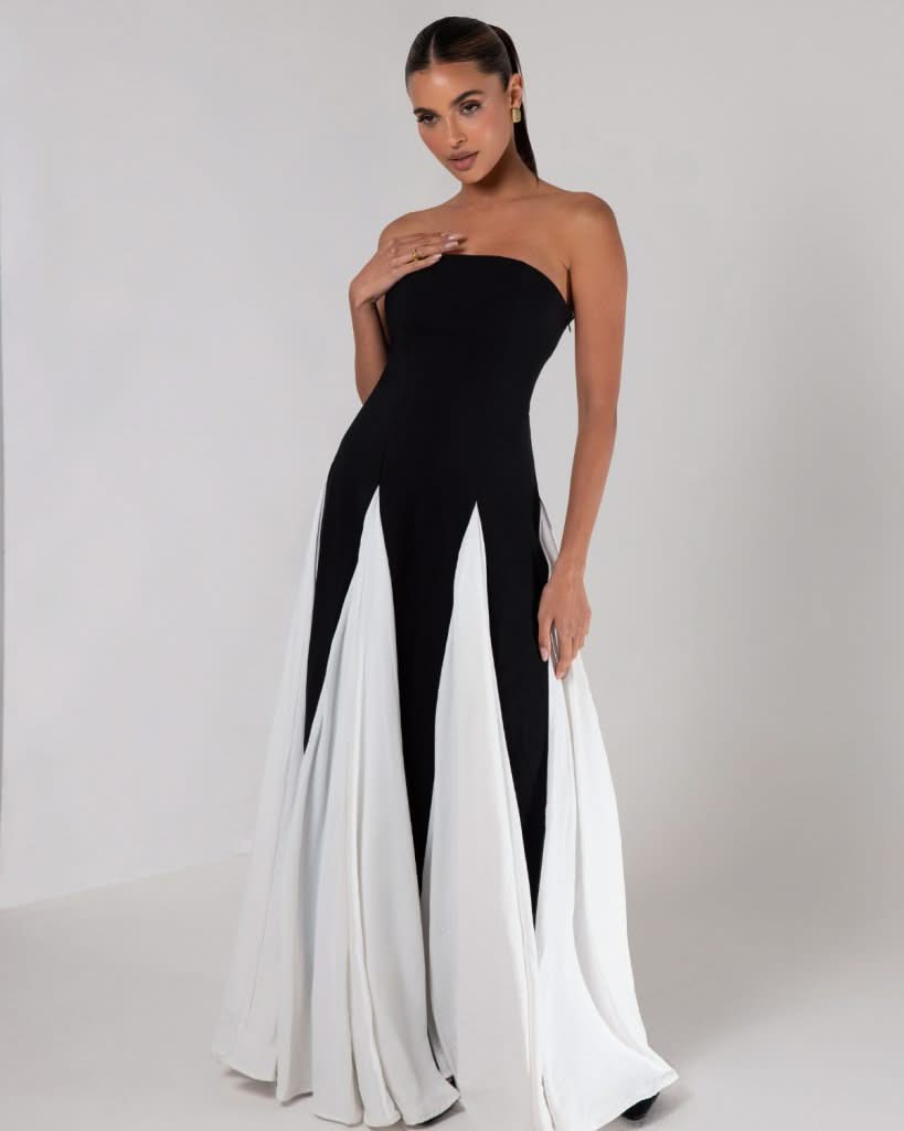 Black strapless colorblock pleated maxi dress