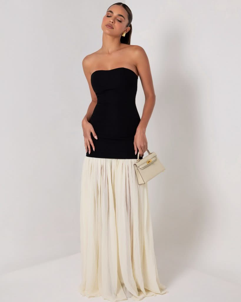 Black strapless cream chiffon maxi dress