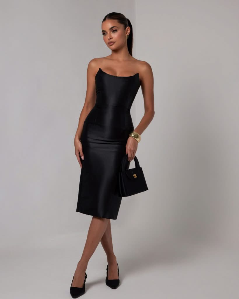 Black strapless sheen corset midi dress