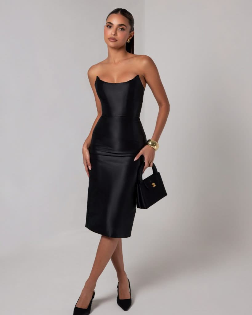 Black strapless sheen corset midi dress