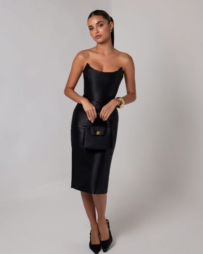 Black strapless sheen corset midi dress
