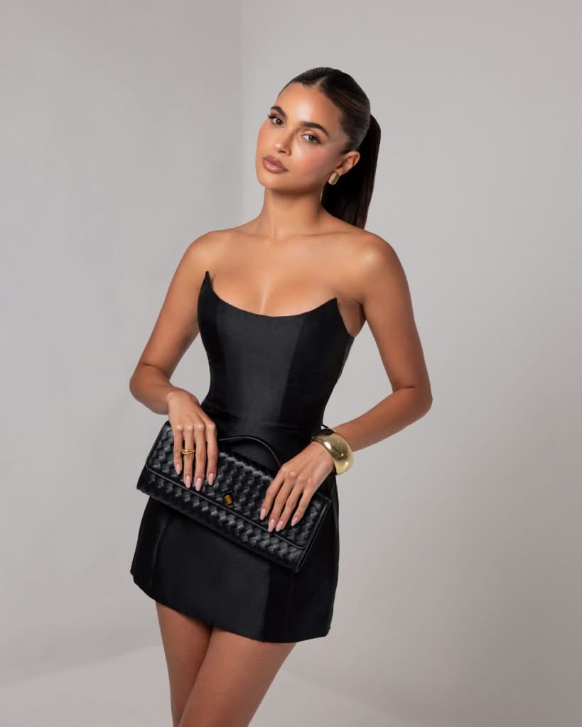 Black strapless sheen corset mini dress