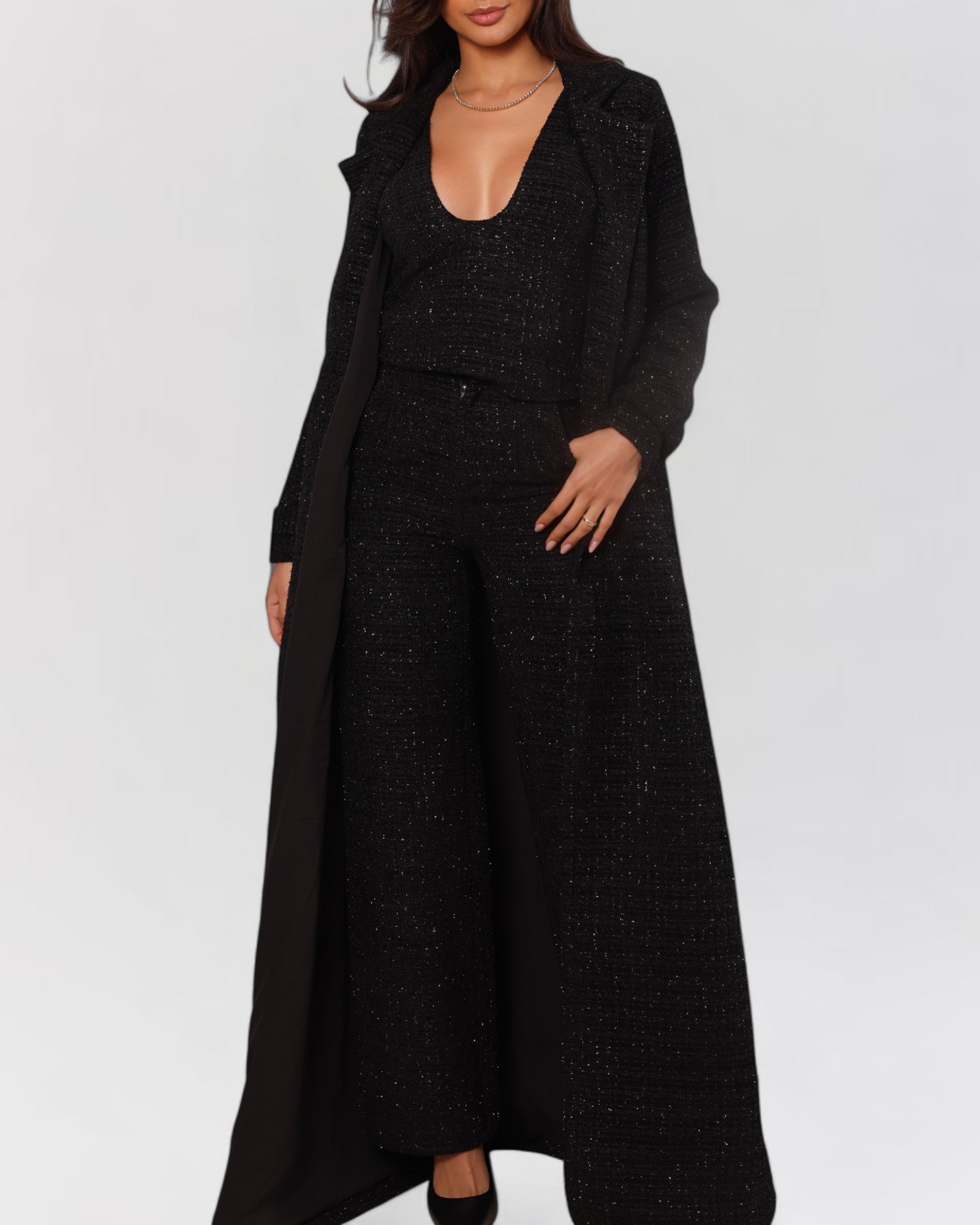Black tweed long sleeve blazer trench coat