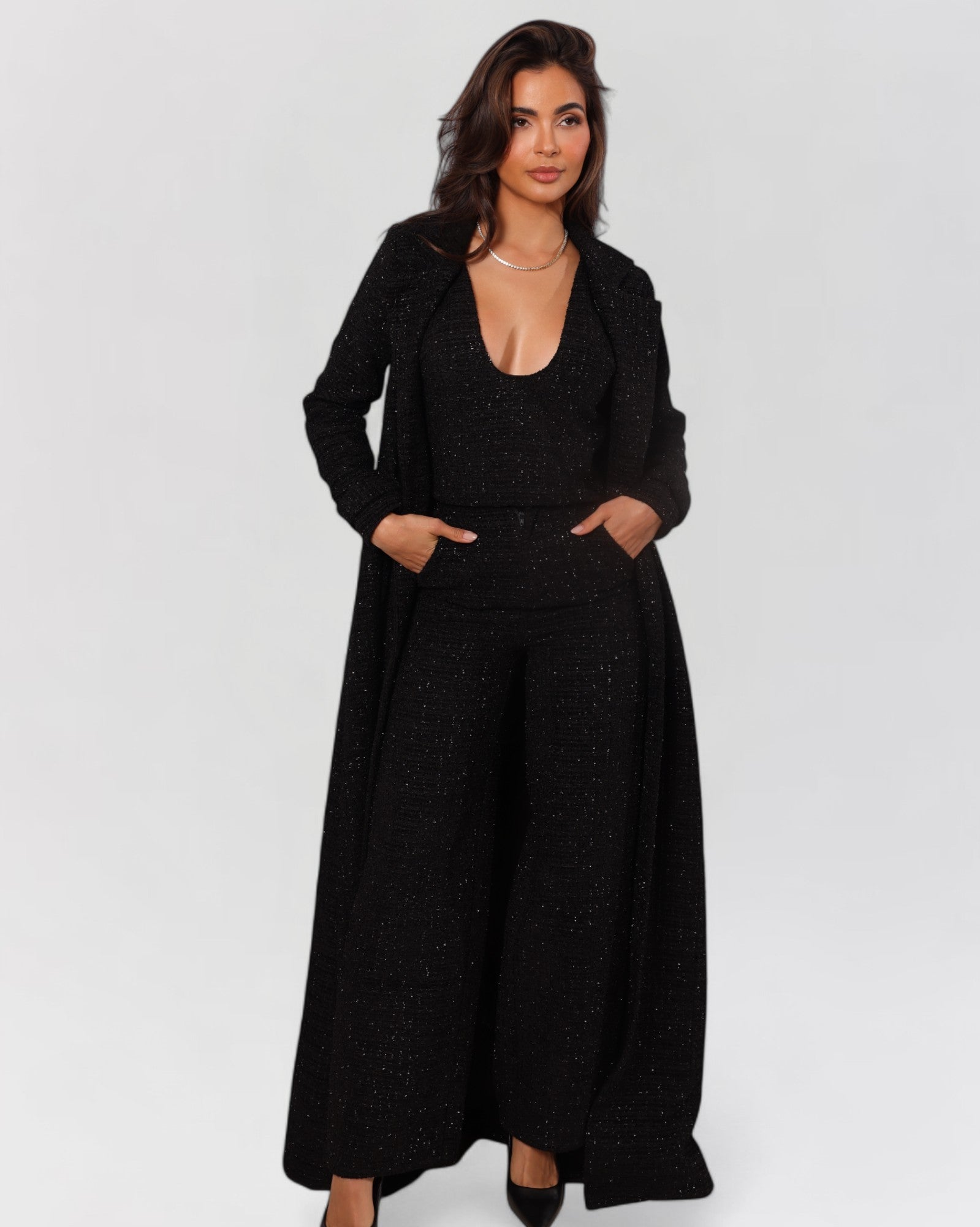 Black tweed long sleeve blazer trench coat