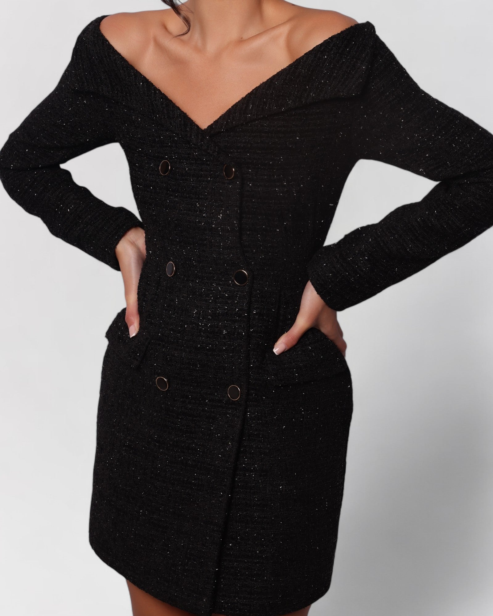 Black tweed off the shoulder long sleeve blazer mini dress