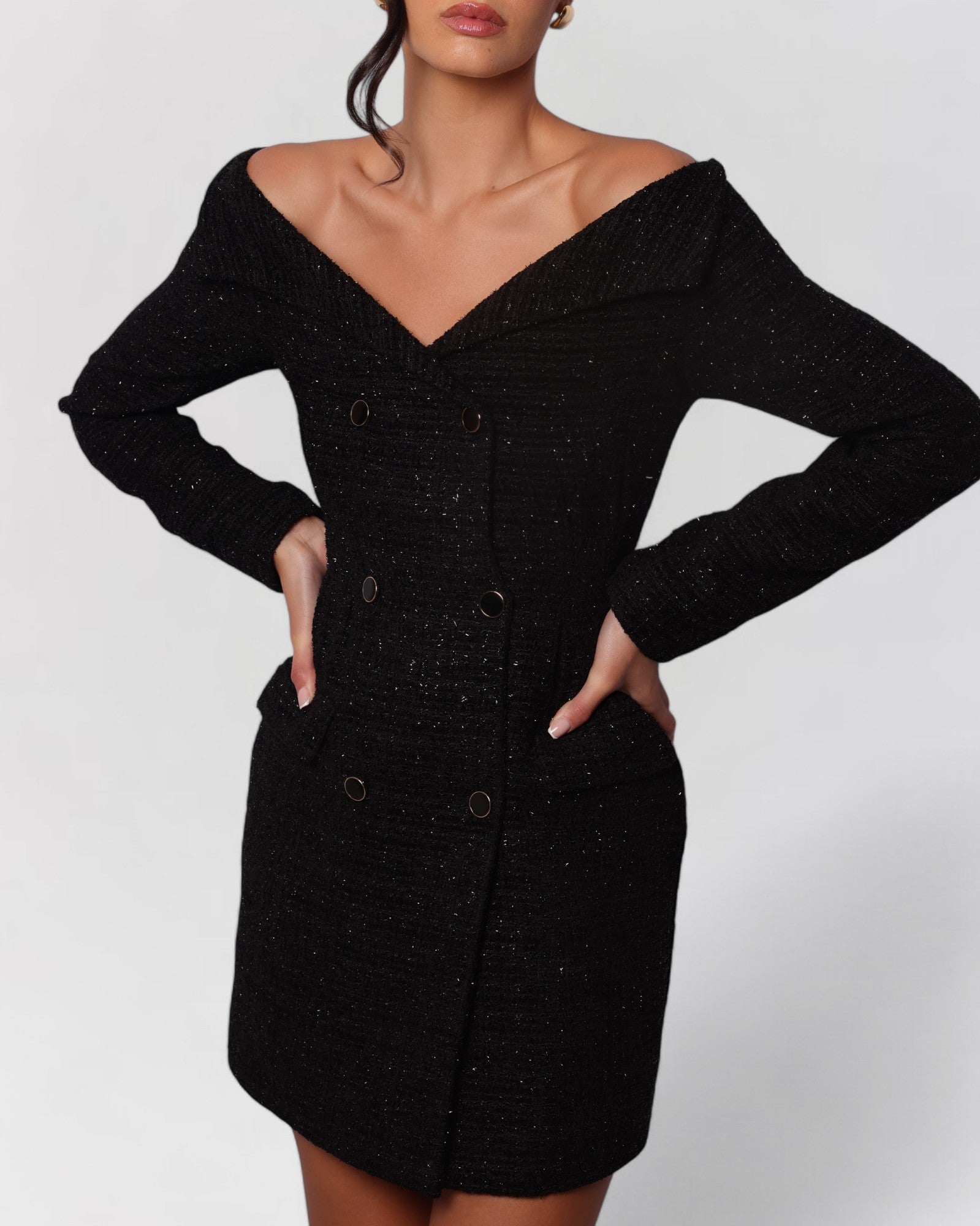 Black tweed off the shoulder long sleeve blazer mini dress