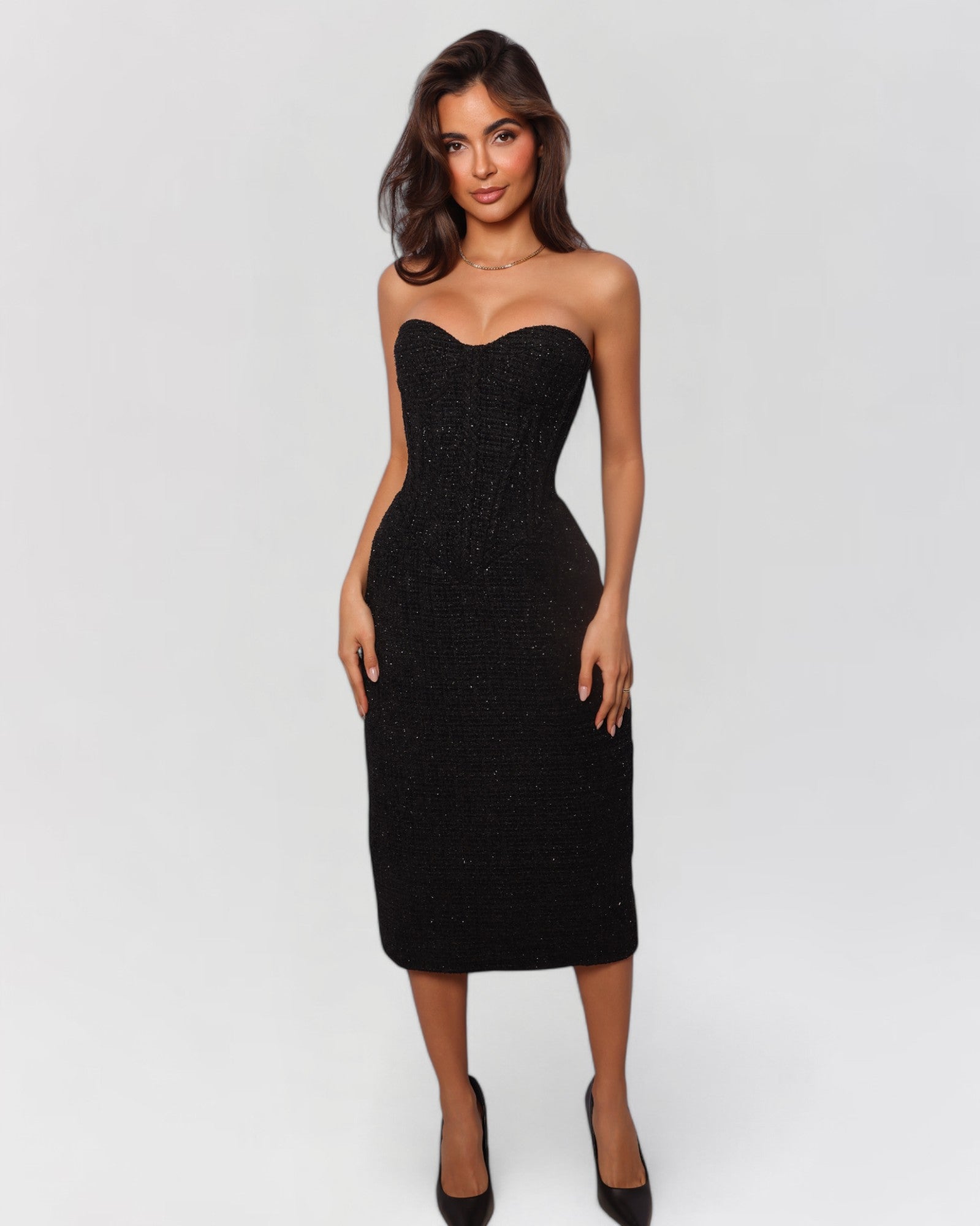 Black tweed strapless corset a-line midi dress
