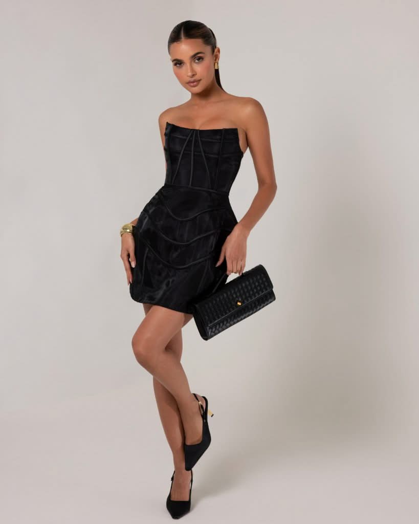 Black wavy strapless corset a-line mini dress