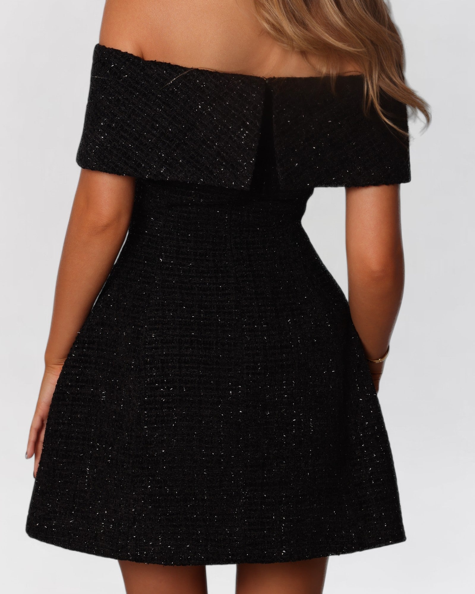Tweed black metallic strapless off the shoulder a-line mini dress