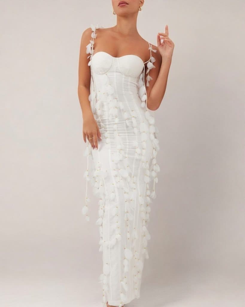 White corset petal linen maxi dress