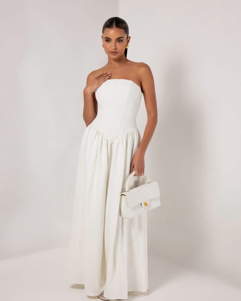 White strapless corset crepe flare maxi dress