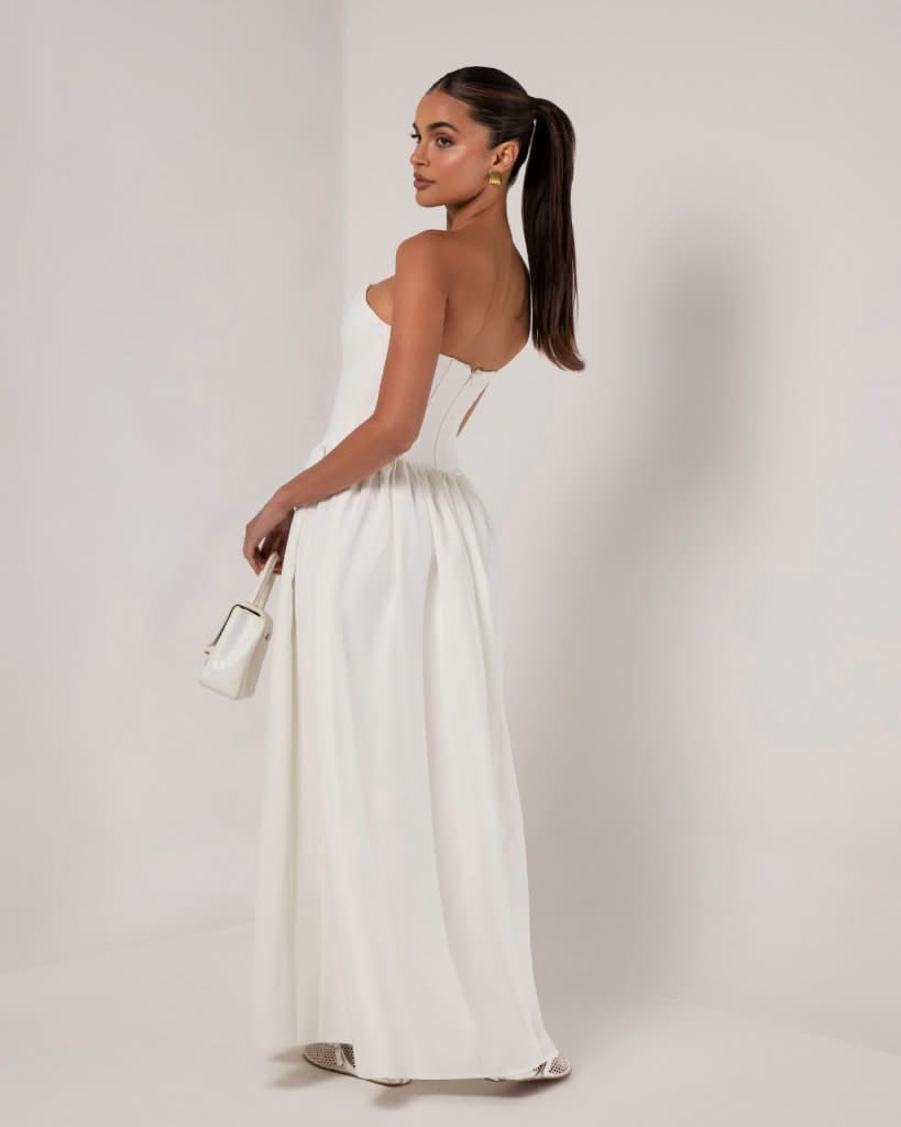White strapless corset crepe flare maxi dress