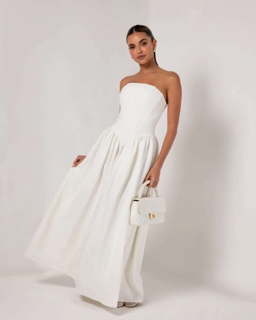 White strapless corset crepe flare maxi dress